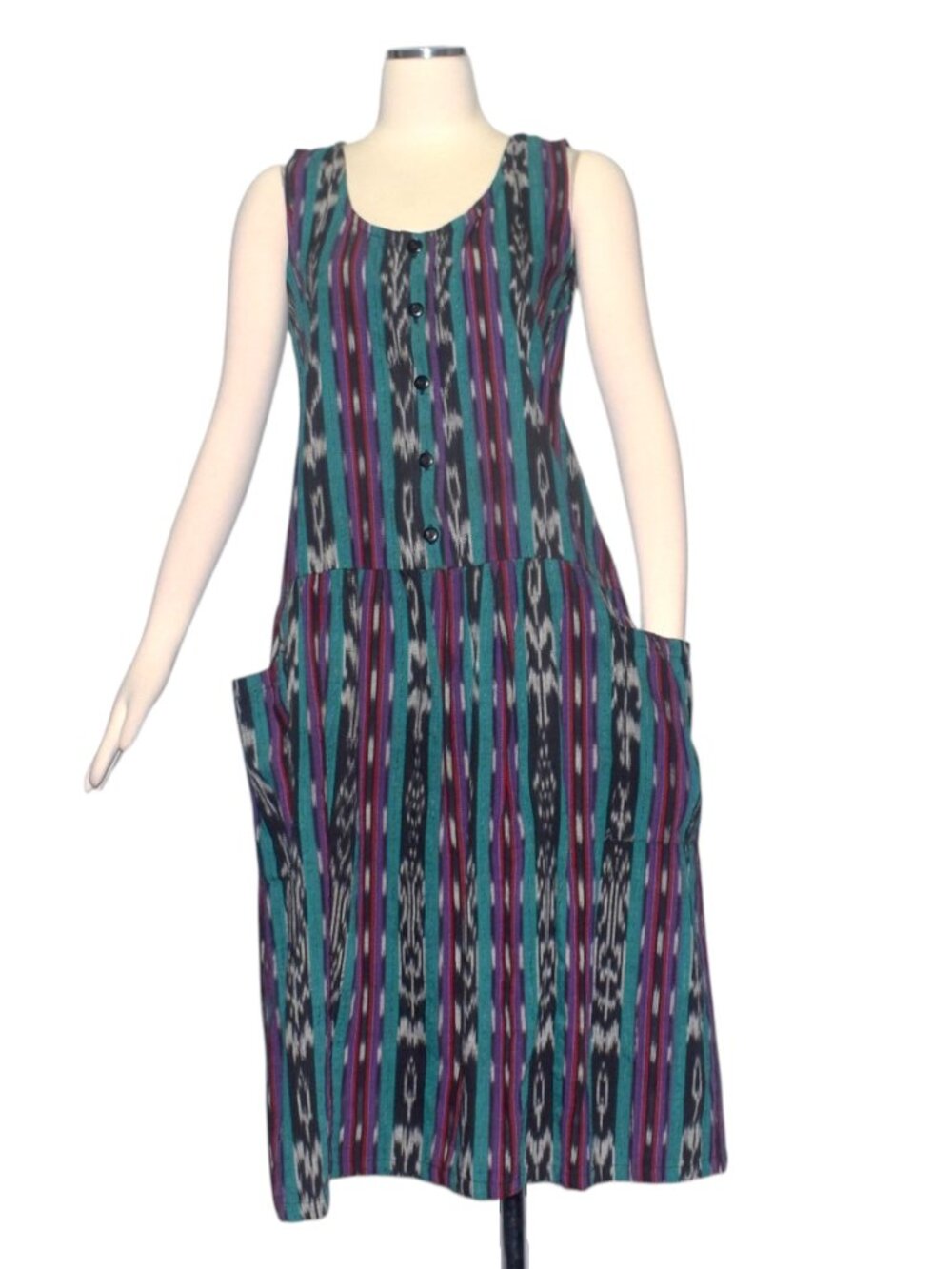 Ikat Stripe Woven Midi Dress Cotton Chichicastenango Guatemala Pockets M